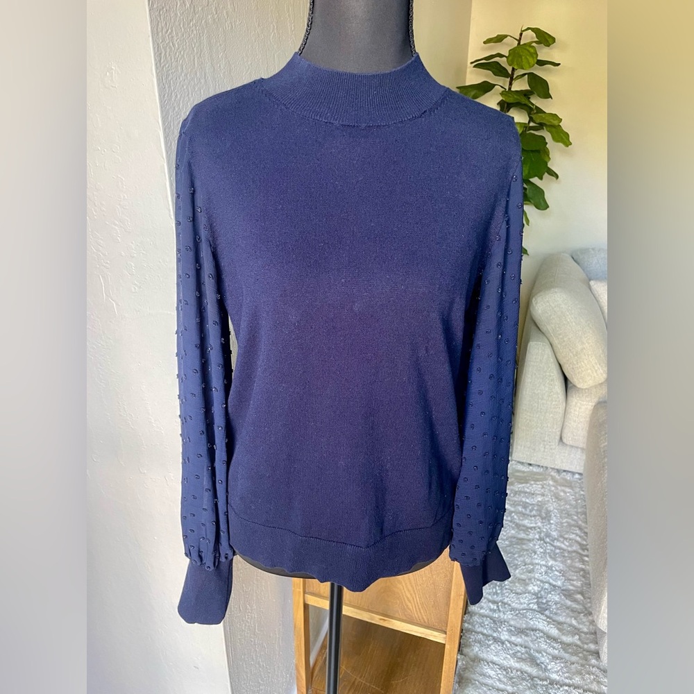 CeCe Clip Dot Sleeve Sweater in navy blue with sheer long sleeves - size small